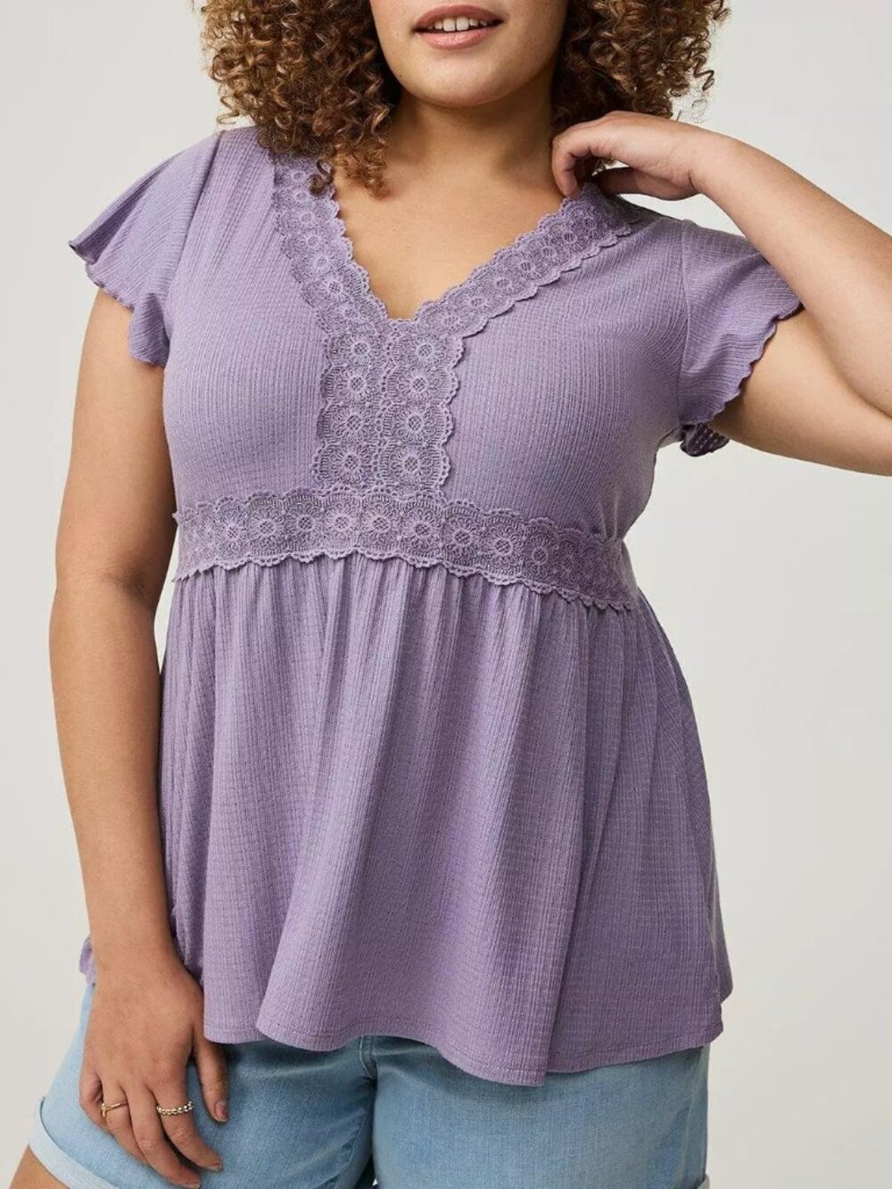 TORRID 1 Plus Size Babydoll V-Neck Top Lilac Lavender Purple Floral Crochet Lace